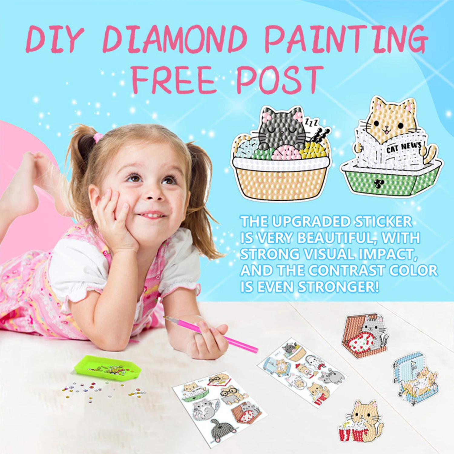 Kids Diamond Painting Stickers Kits, Cartoon Cat Diamond Art Crafts