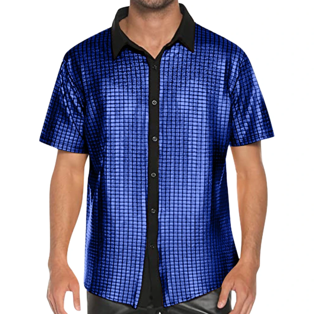 Men Button up Shirts Summer Plaid Sequin Short Sleeve Tops Blouse