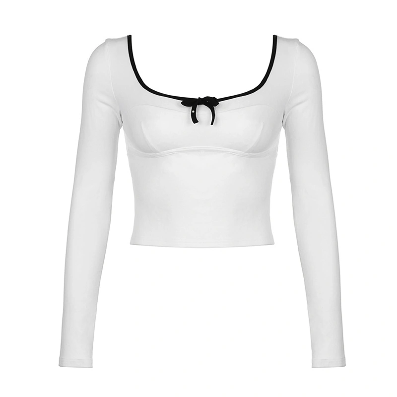 Women's Slim Fit Crop Tops Long Sleeve Scoop Neck Little Bow T-Shirts