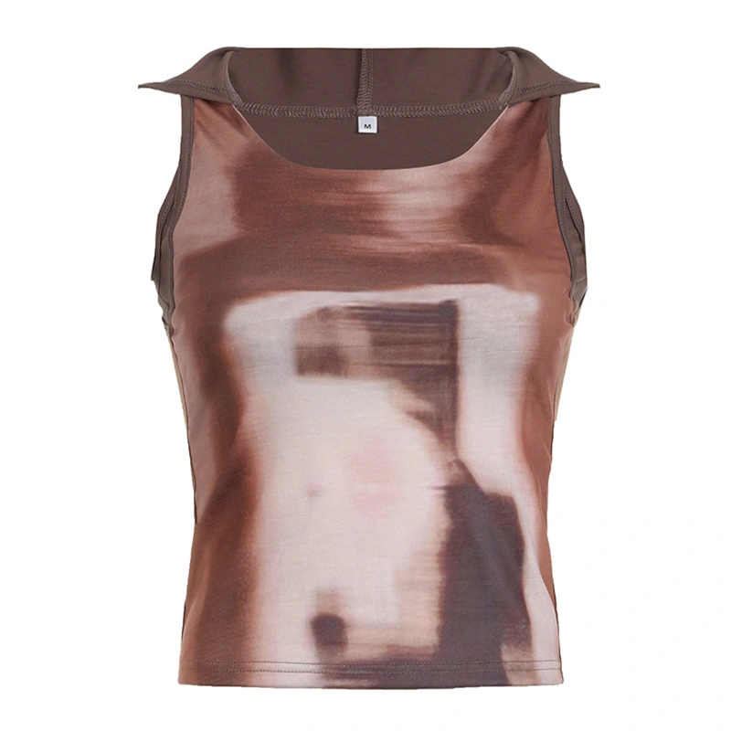 Women Hooded Vest, Sleeveless Abstract Print Slim Fit Summer Tops