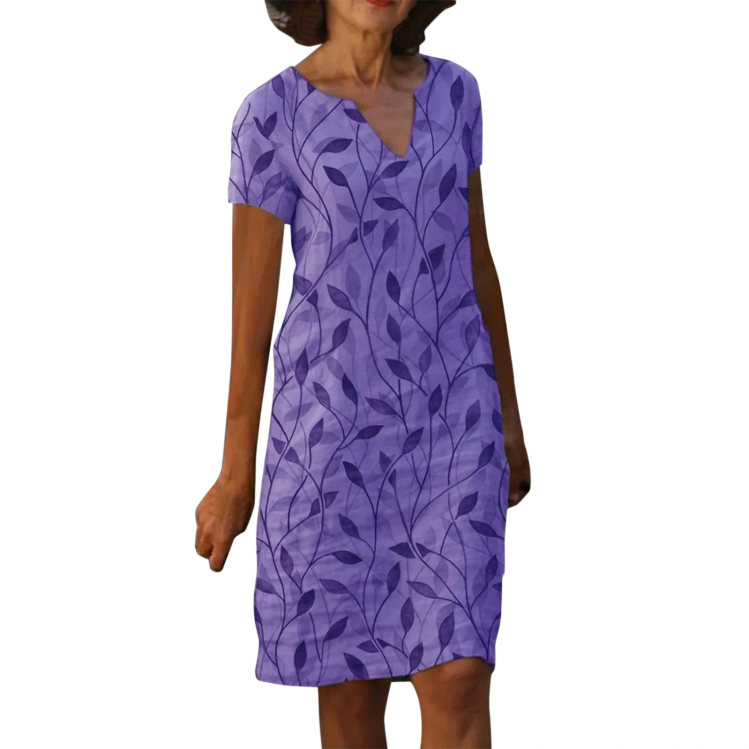 Women's Cotton Linen Print V-Neck Loose Dress