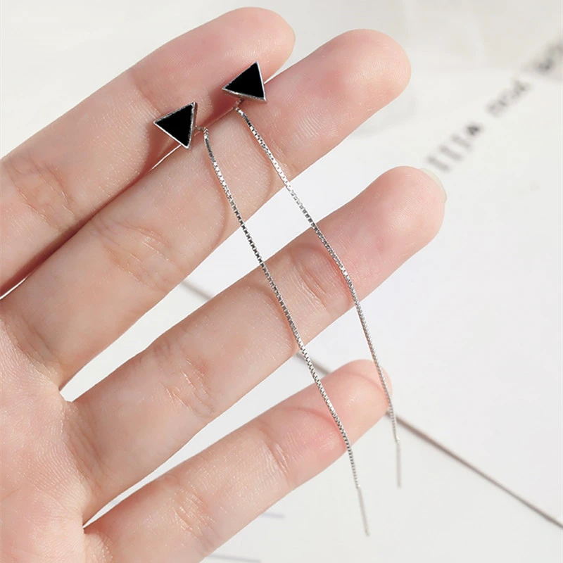 S925 Sterling Silver Black Triangle Hanging Earrings