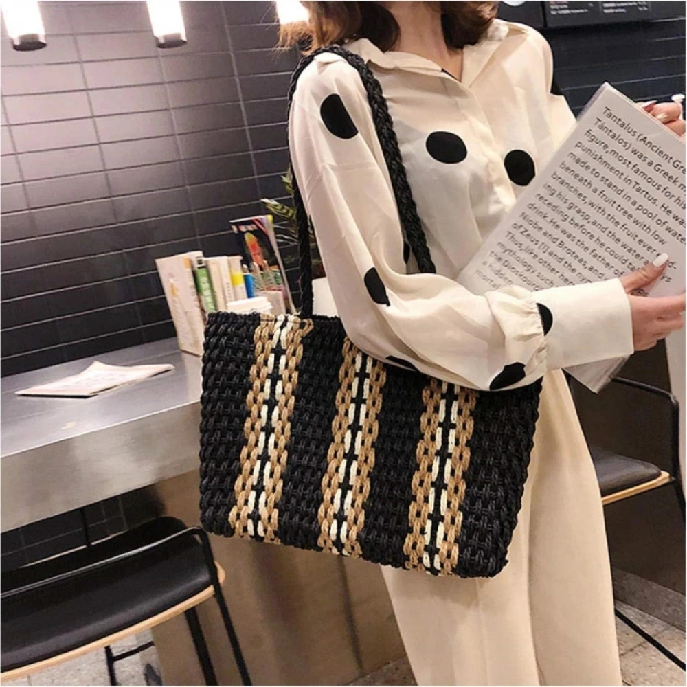 Large Zipper Woven Straw Handbag Casual Large Shoulder Women's Shopping Bag