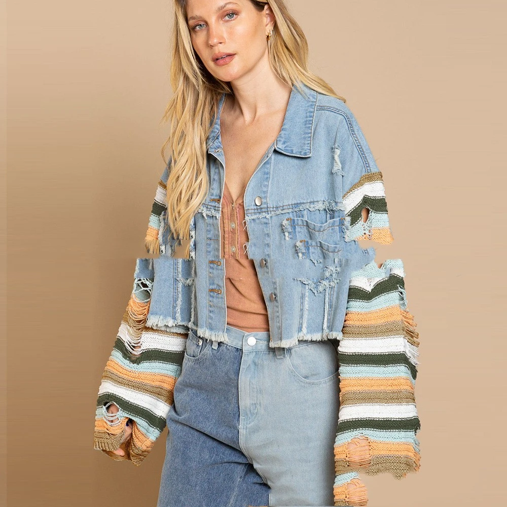 Fall Winter Cowboy Patchwork Knitting Coat Female Rainbow Ripped Long Sleeves Cropped Jacket