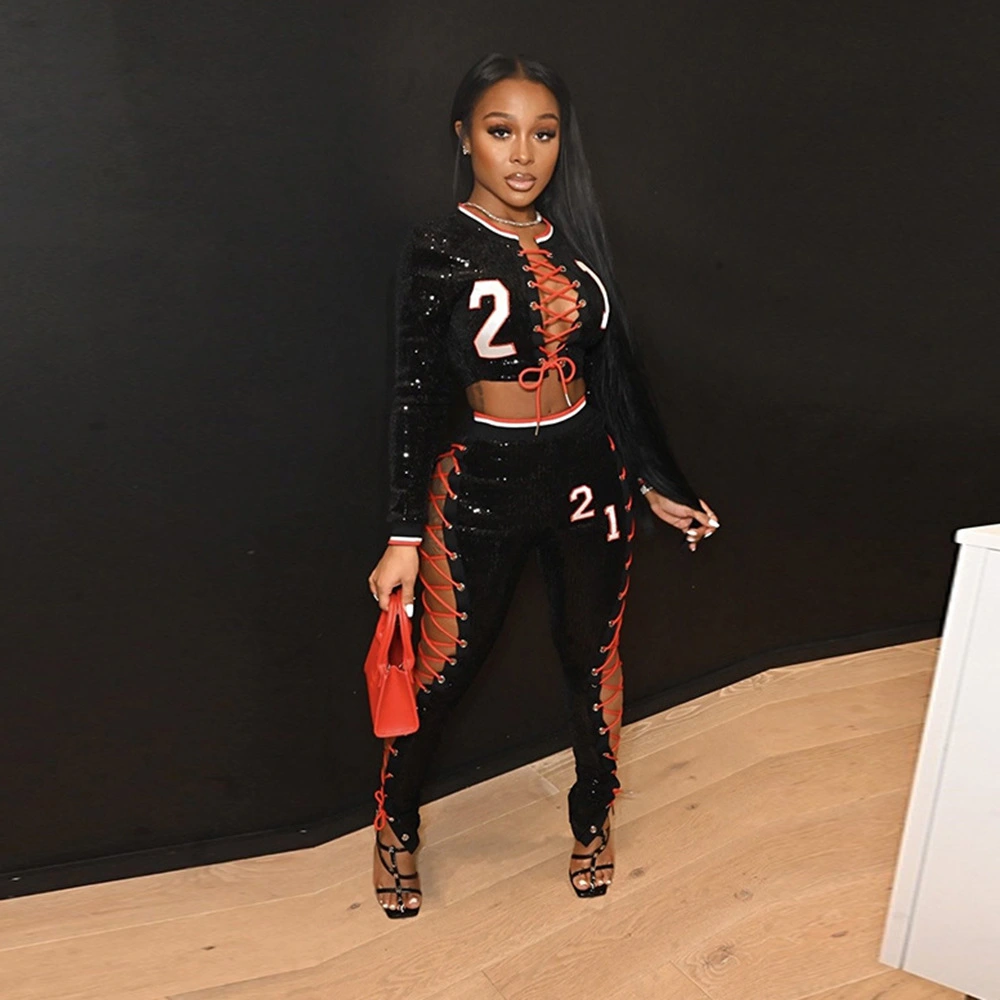 Women's Lace-up Cutout Embroidered Sequined Suit