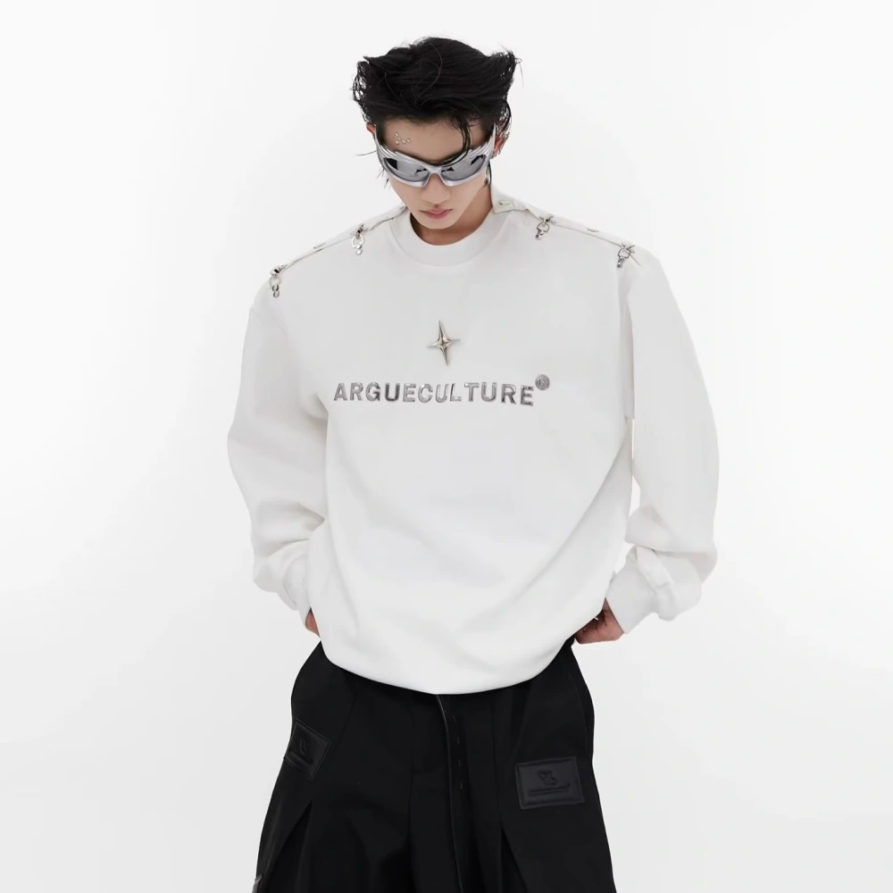 Metal Buckle Design Korean Style Loose Padded Shoulder Fashion Brand High Street Fashion Brand Sweater