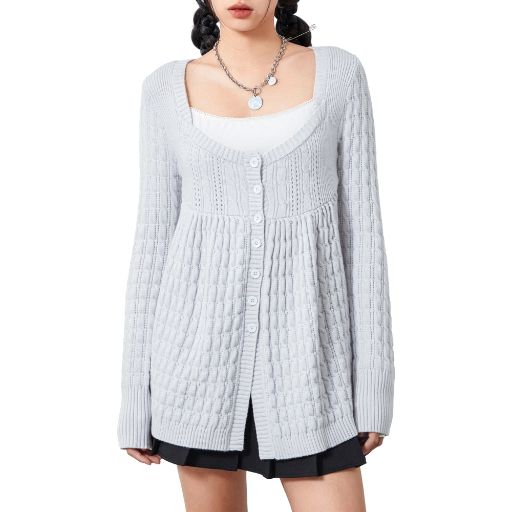 Women's Cable Knit Sweaters Long Sleeve Square Neck Button Down Tops