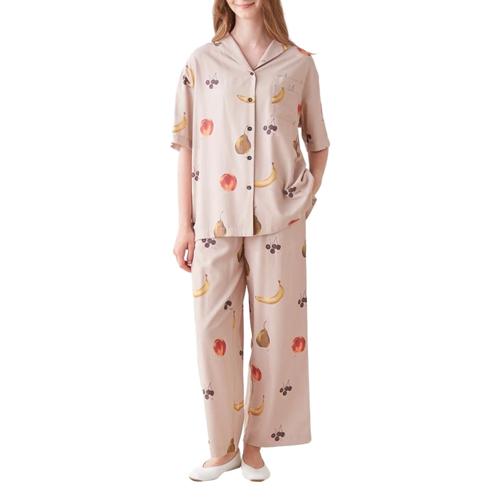 Women Pajamas Set 2 Pieces Loungewear Suits Fruits Print Shirts Pants