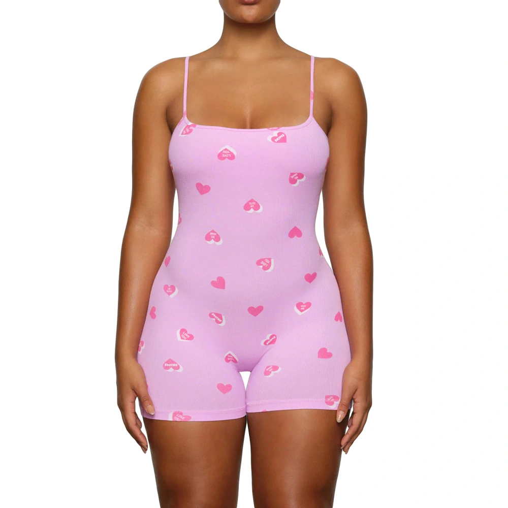 Women Summer Sleeveless Backless Heart Print Fitted Jumpsuit Sleepwear