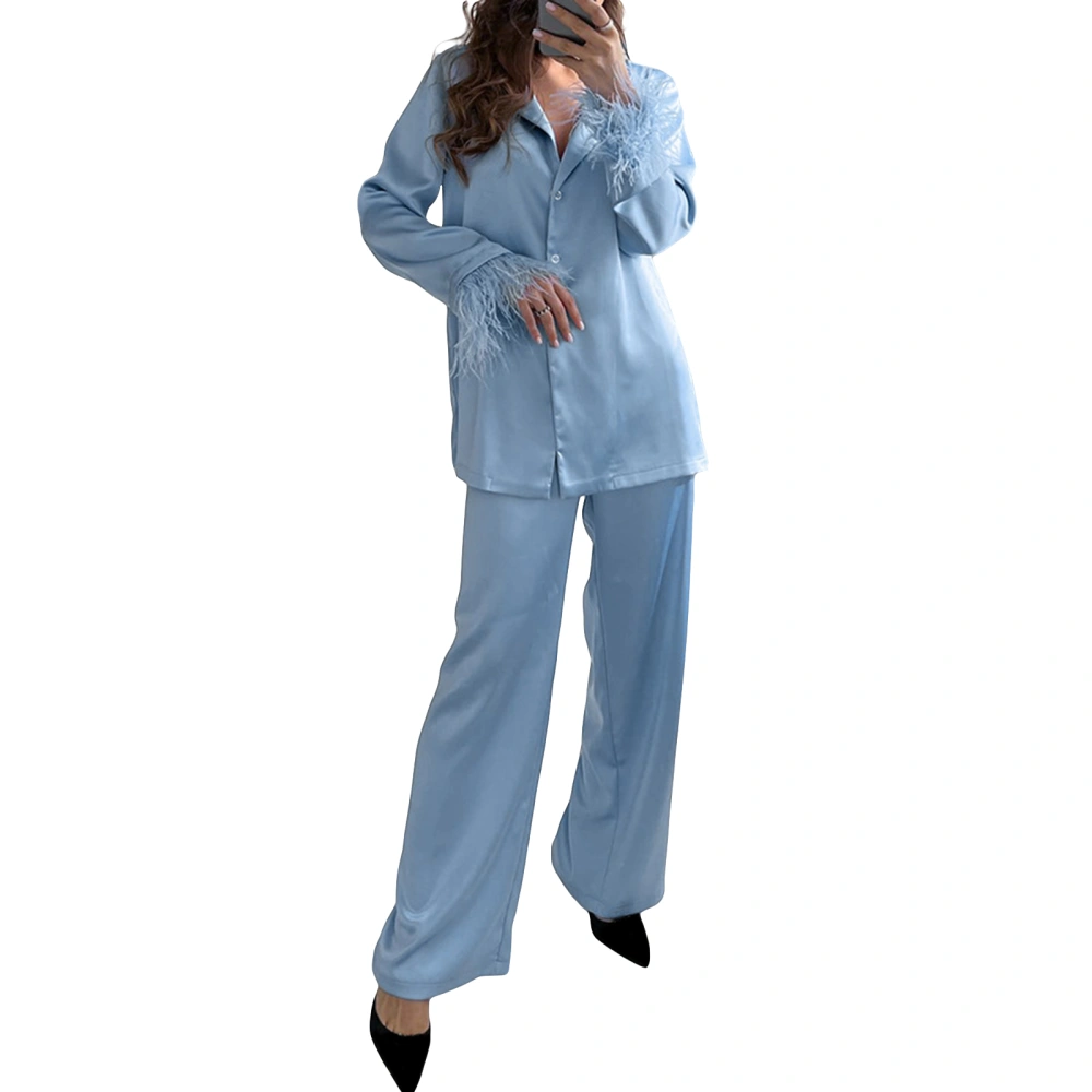 Women's Spring Loungewear Set, Solid Long Sleeve Lapel Shirt Pants