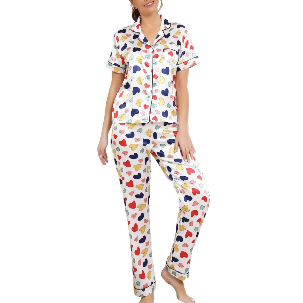 Women's Satin Loungewear Set, Heart Print Short Sleeve T-Shirt Pants