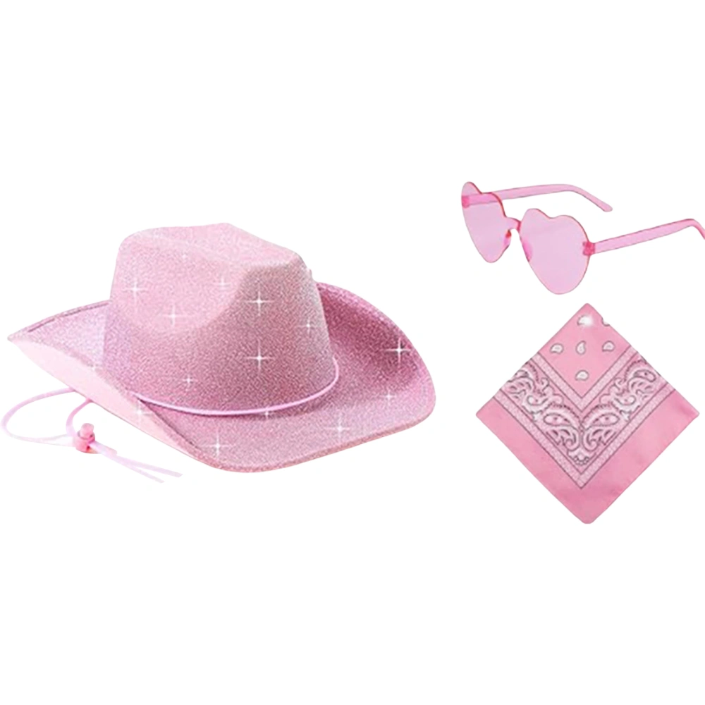 Cowgirl Hat Set, Shiny Cowboy Hat with Heart Sunglasses Neckerchief