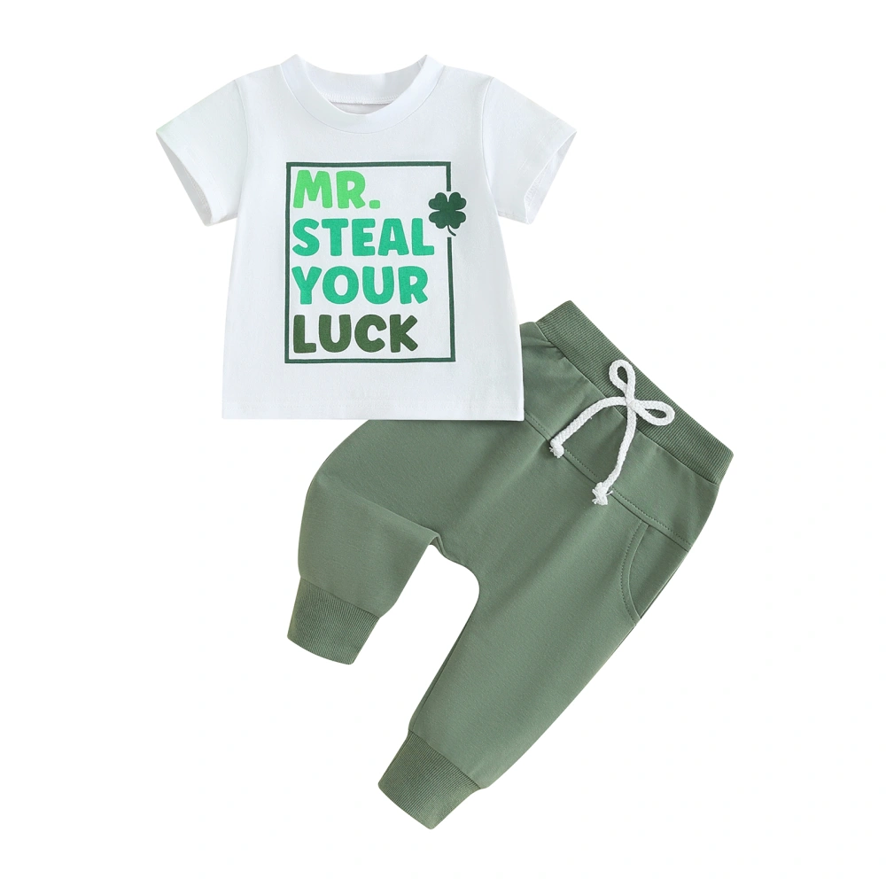 Boy Letter Four Leaf Clover Print Tops and Drawstring Pants Set