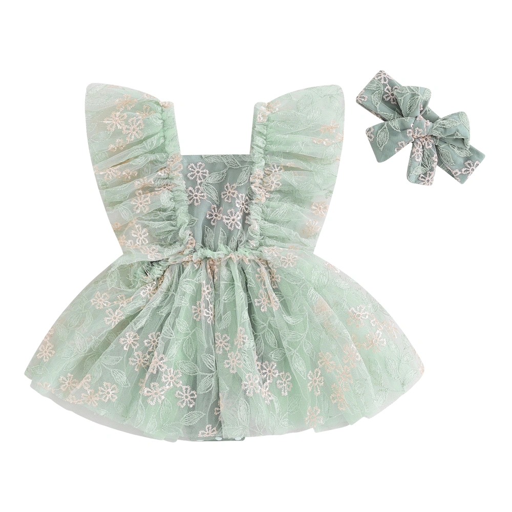 Baby Green Flying Sleeve Floral Embroidery Tulle Dress with Headband