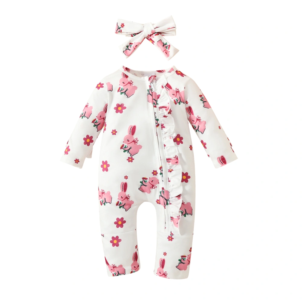 Baby Long Sleeve Floral Bunny Print Zipper Jumpsuit with Headband