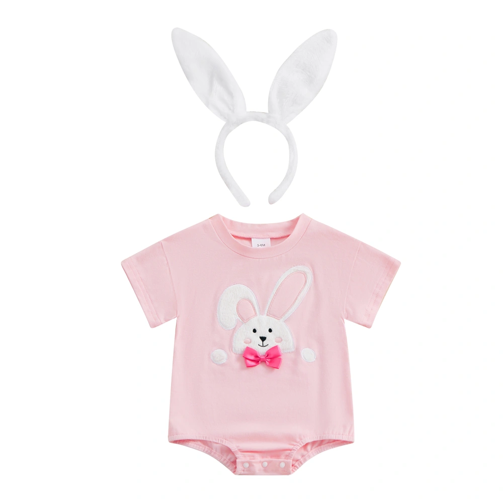 Baby Girls Easter Short Sleeve Bunny Embroidery Romper with Headband