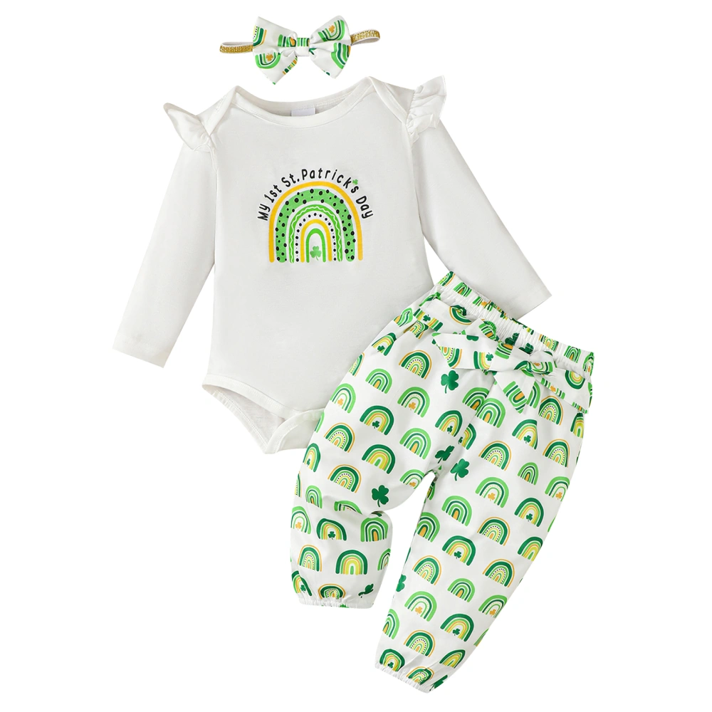 Baby Girls Irish Day Outfits Rainbow Print Romper + Pants + Headband