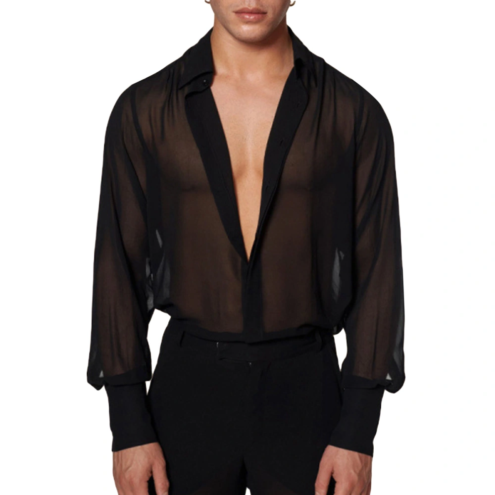 Men's Casual Lapel Neck See Through Button Down Long Sleeve Mesh Shirt