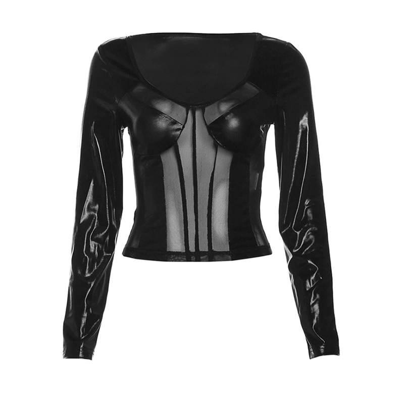 Women's Tight Fitting Sheer Mesh Patchwork Long Sleeve Crop Tops