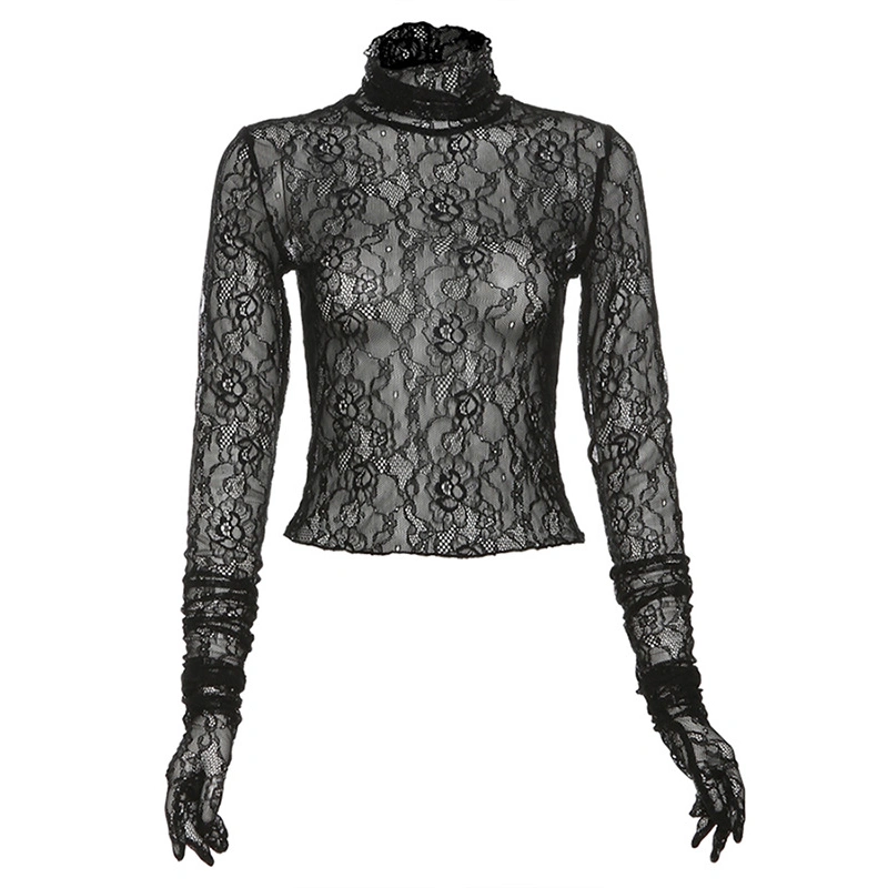 Women's Lace Tops Basic Long Sleeve Mock Neck See-Though T-Shirts