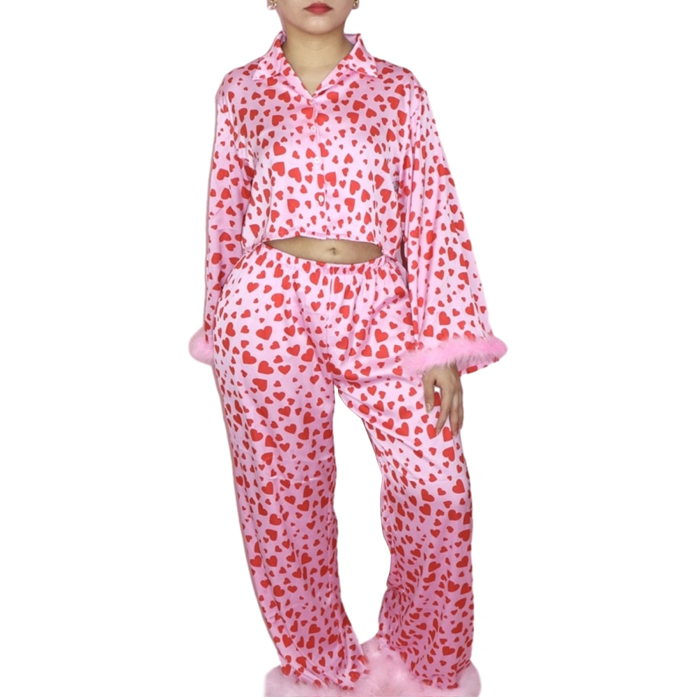 Long Sleeve Crop Tops + Elastic Waist Pants Women's Heart Pajama Set