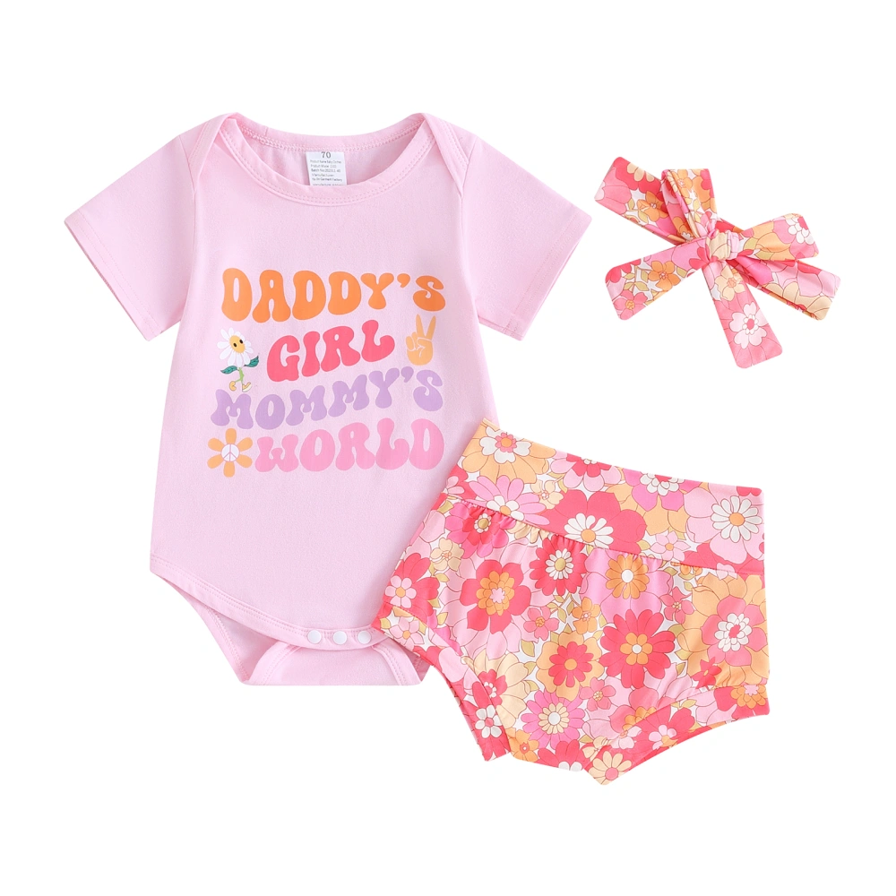 Baby Short Sleeve Letter Print Romper Floral PP Shorts Headband Set