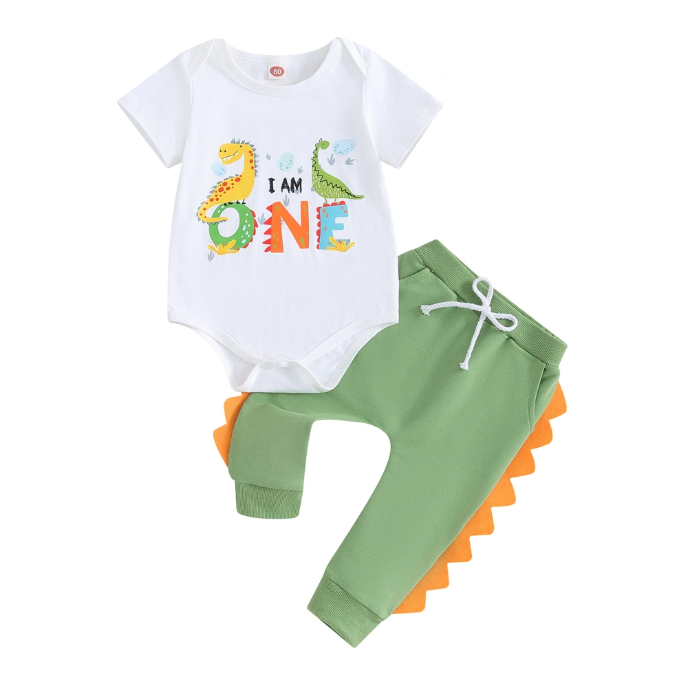 Baby Short Sleeve Letter Dinosaur Print Romper Drawstring Pants Set