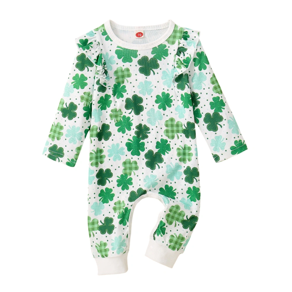 Baby Girl Irish Day Long Sleeve Crew Neck Clover Print Ruffle Jumpsuit