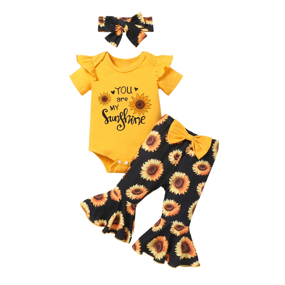 Girls 3 Piece Outfit Sunflower Letter Print Romper and Pants Headband