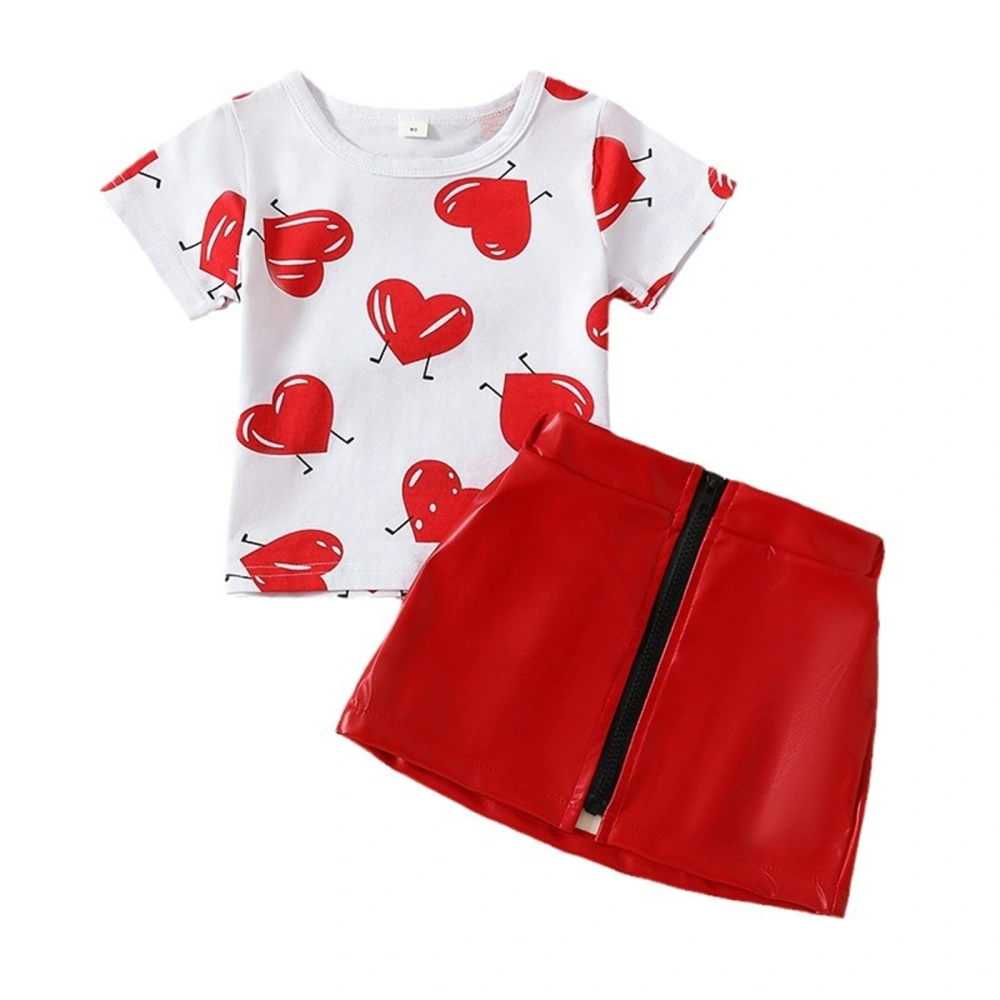 Baby Girls Two Piece Outfits Heart Print Tops and Zipper Skirt 