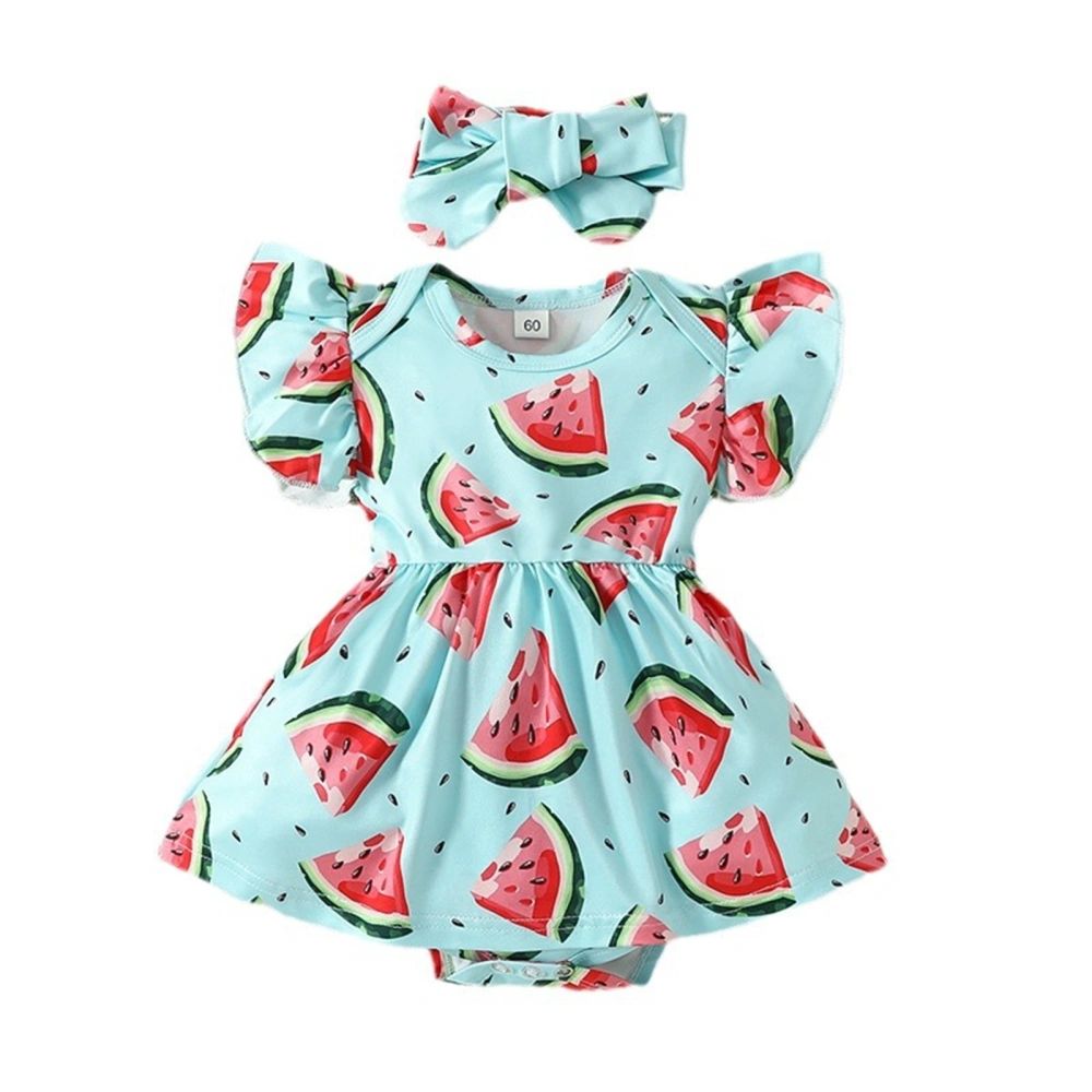 Newborn Girl Outfit Fly Sleeve Watermelon Print Romper Dress Hairband