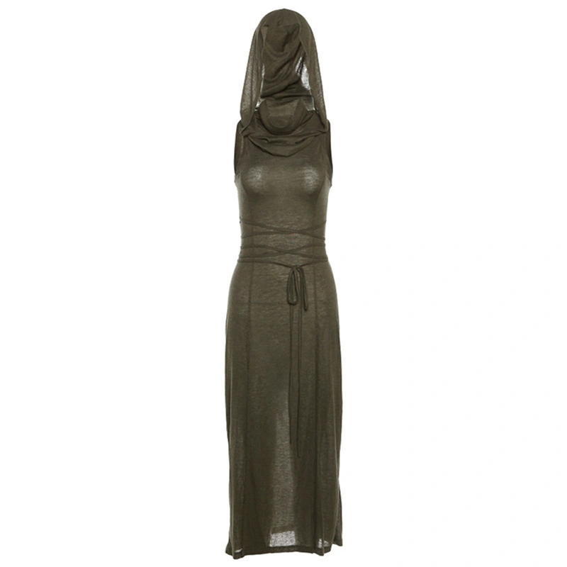 Women Long Dress, Sleeveless Hooded Dress Hollowed Slim Fit Slit Dress