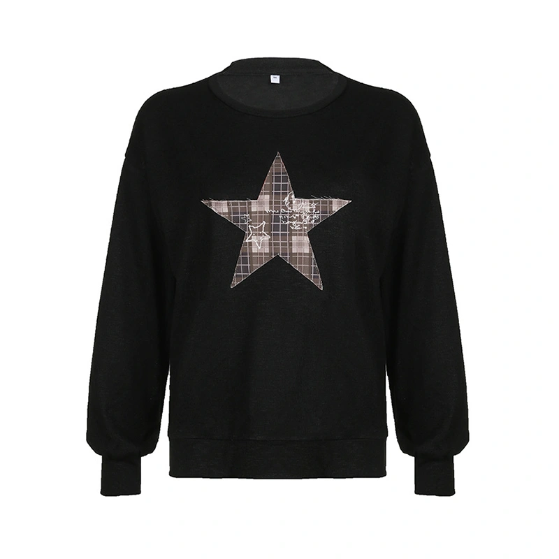 Women Retro Knit Sweater Star Patch Long Sleeve Pullovers Jumpers