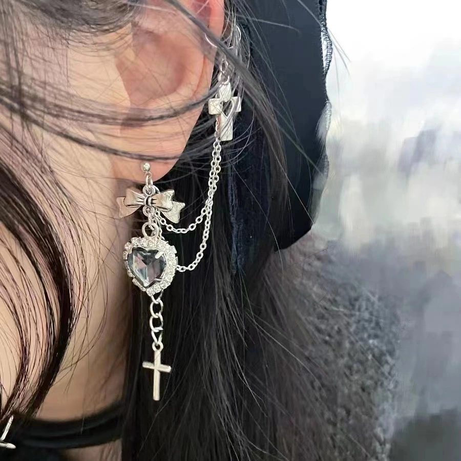 Tassel Cross Heart Ear Clip