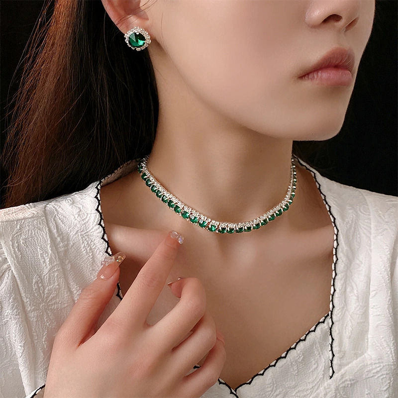 Diamond Emerald Square Ear Stud Necklace