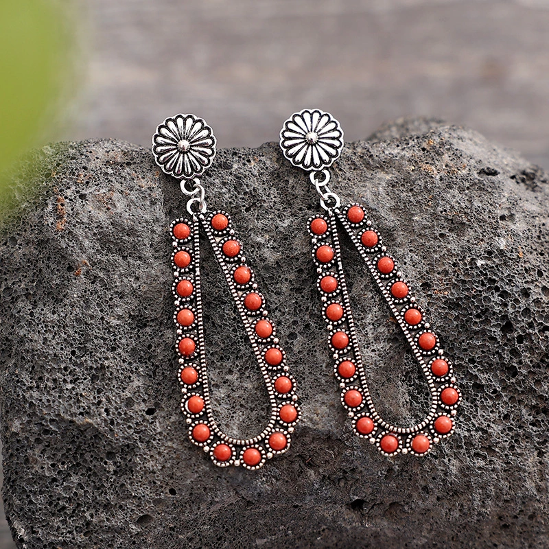 Western Style Exaggerated Water Drop Red Turquoise Retro Stud Earrings