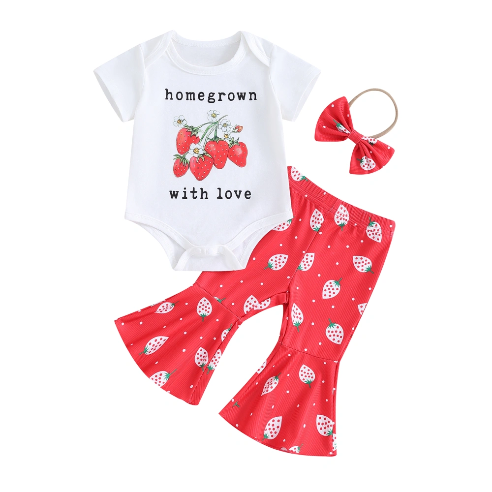 Baby Spring Outfits Letter Strawberry Print Rompers Pants Headband