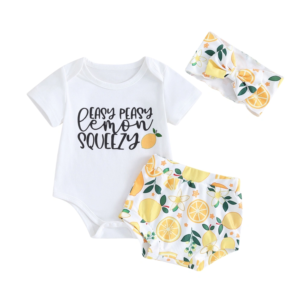 Baby Girls Shorts Set, Letters Print Romper Lemon Shorts Hairband