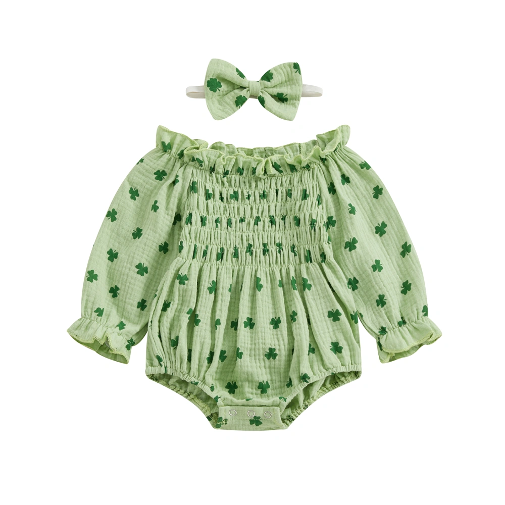 Newborn Girl Outfit, Off-shoulder Shamrock Print Romper with Hairband