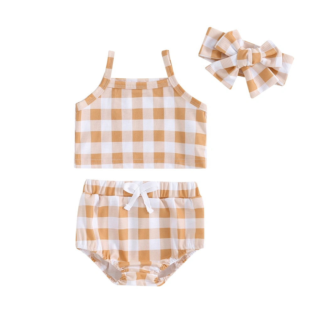 Infant Girl Plaid Print Sleeveless Cami Tops with Shorts Headband