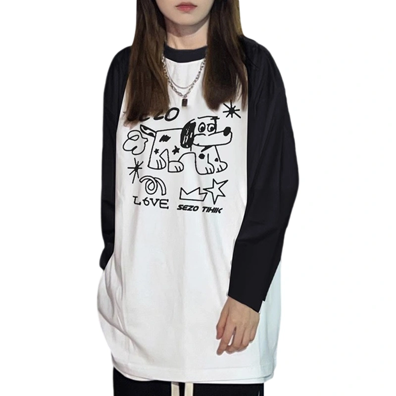 Women T-shirt Long Sleeve Cartoon Dog Print Fall Tops Streetwear