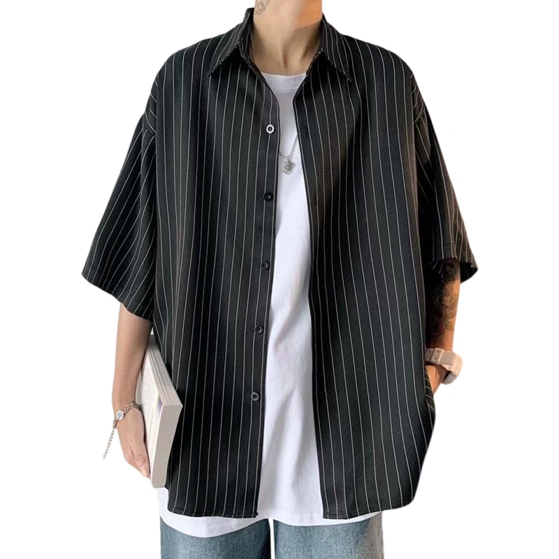 Men Button Down Striped Shirts Short Sleeve Lapel Shirts Summer Tops