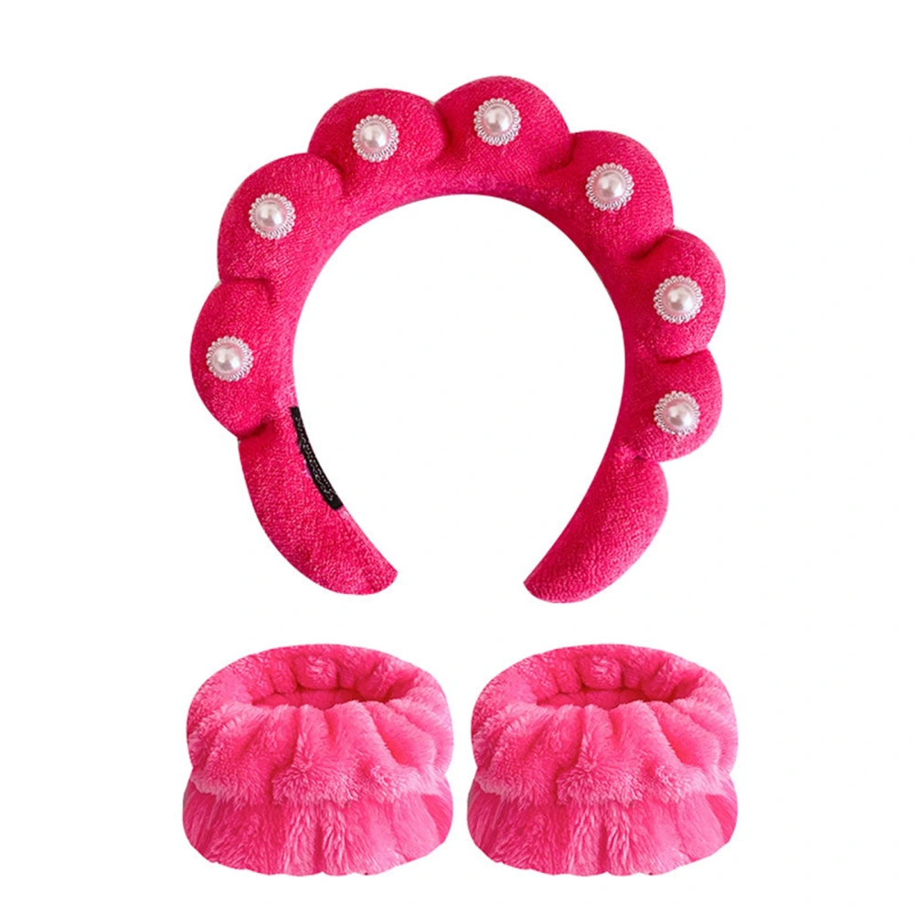 Sponge Hairband and Wristbands Set Pearl Makeup Headband for Skincare