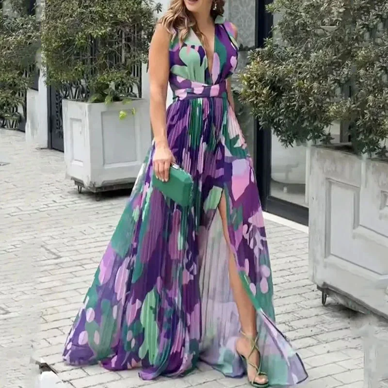 Women's Elegance Sleeveless V-neck Tight Waist Split Dress