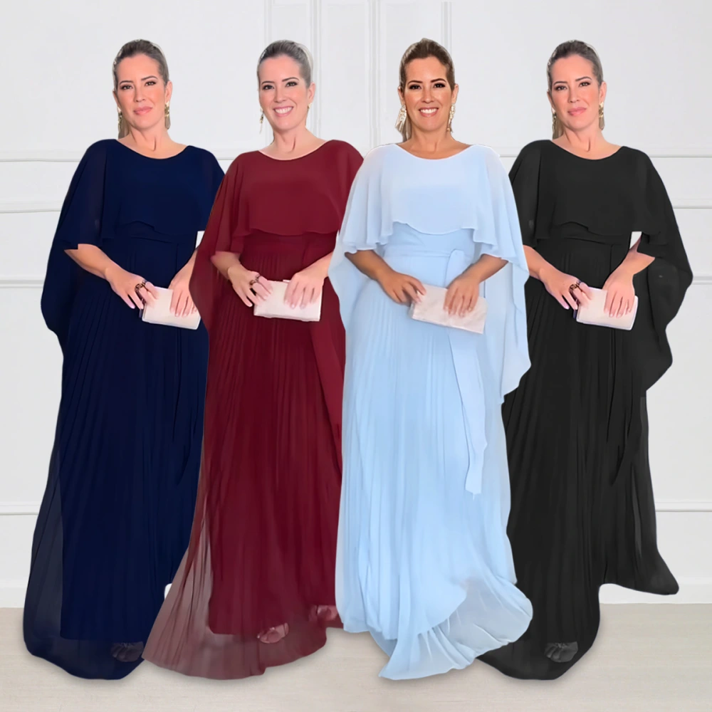 Women's Chiffon Pleated Solid Color Shawl High Waist Dress