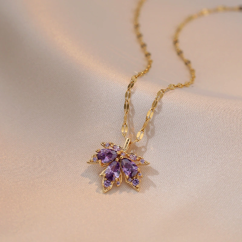 Zircon Maple Leaf Fashion Simple Temperament Non-fading Inlaid Purple Maple Leaf Necklace