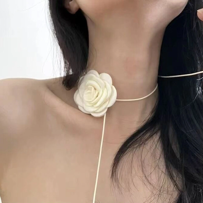Handmade Fabric Camellia Strap Necklace Ballet Style Summer Rose Lady