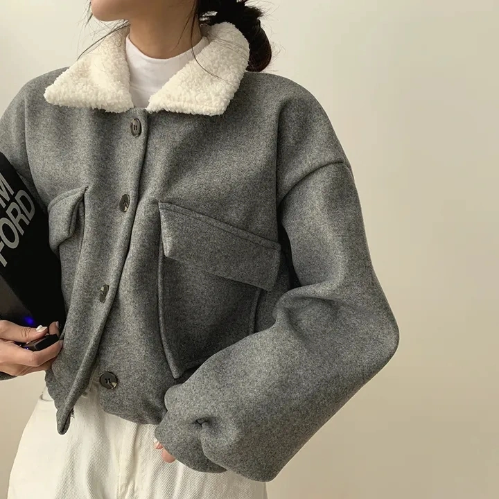 Thickened Collar Woolen Short Jacket For Women With Long Sleeves And Double Pockets