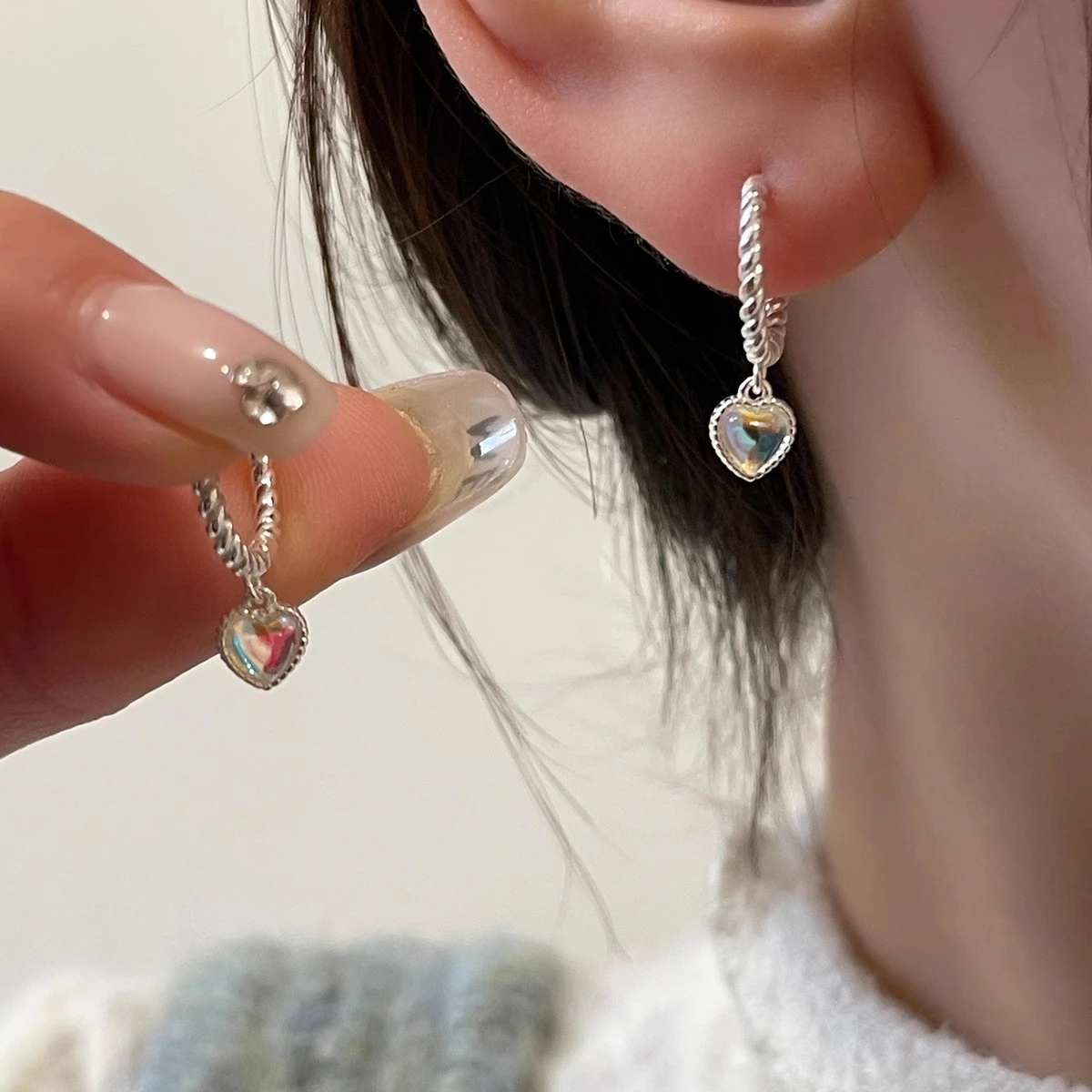 Sterling Silver Needle Exquisite And Small Moonstone Love Twist Earrings