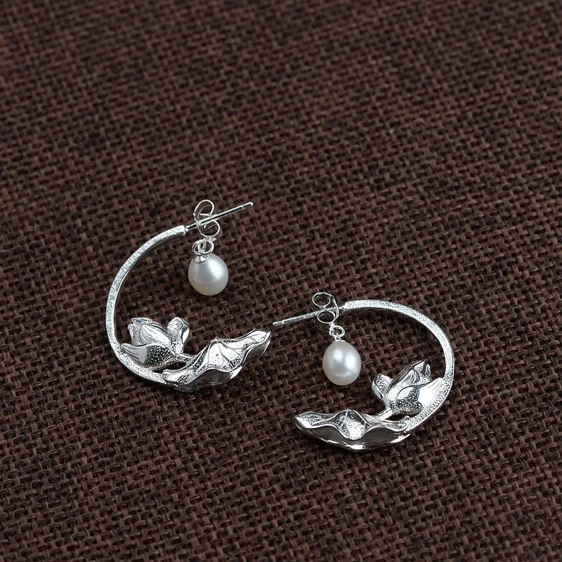 S925 Silver Brushed Lotus Pearl Earrings